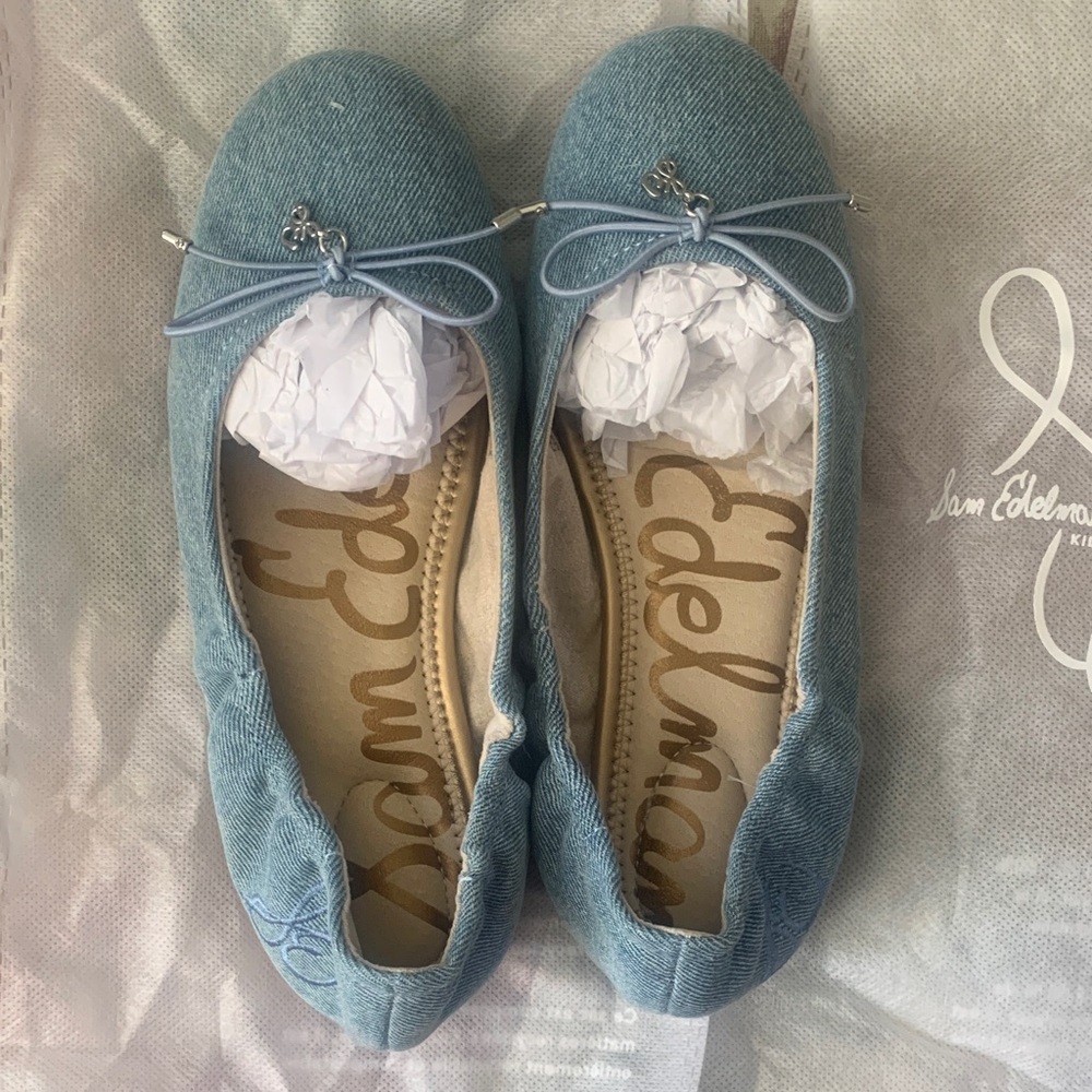 New Sam Edelman Light Blue Denim Girls Ballet Flats with Bow Size 3